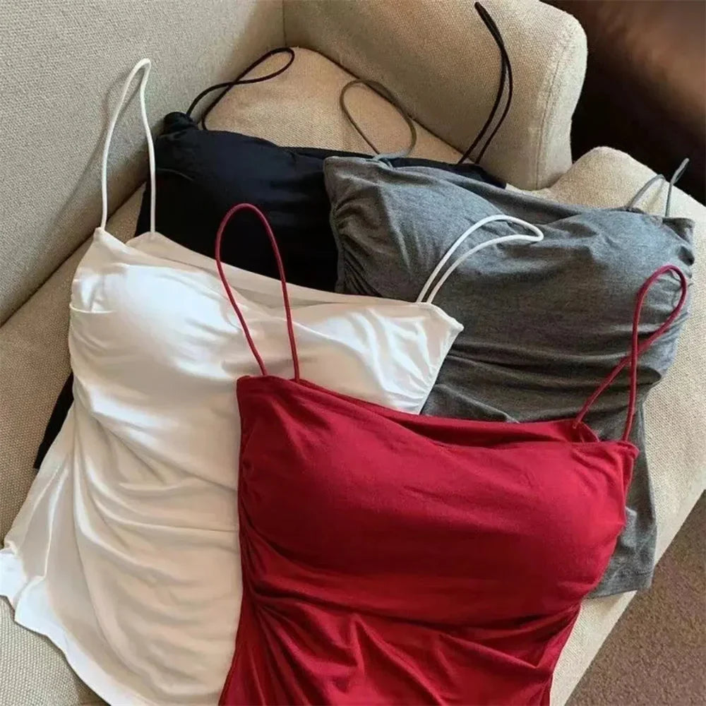 1 Pc Stylish Waist Pleated Corset - Soft support fixed chest pad sleeveless vest Sexy short top with thin straps Solid color