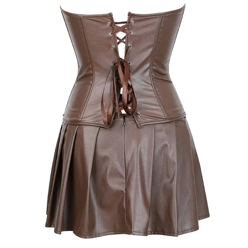 Faux Leather Corset Top Women Leather Corset Dresses Zipper Gothic PU Leather Corset Sexy Ladies Eyelet Up Pleated Dress Corsets