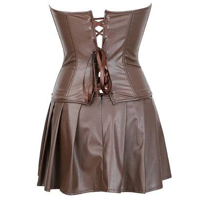 Faux Leather Corset Top Women Leather Corset Dresses Zipper Gothic PU Leather Corset Sexy Ladies Eyelet Up Pleated Dress Corsets