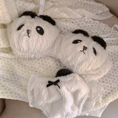 Cute Bear Underwear Winter Plush Cartoon Comfortable Bra & Brief Sets Women's Intimates Thermal Bra Gathers Sleepwear Lingerie