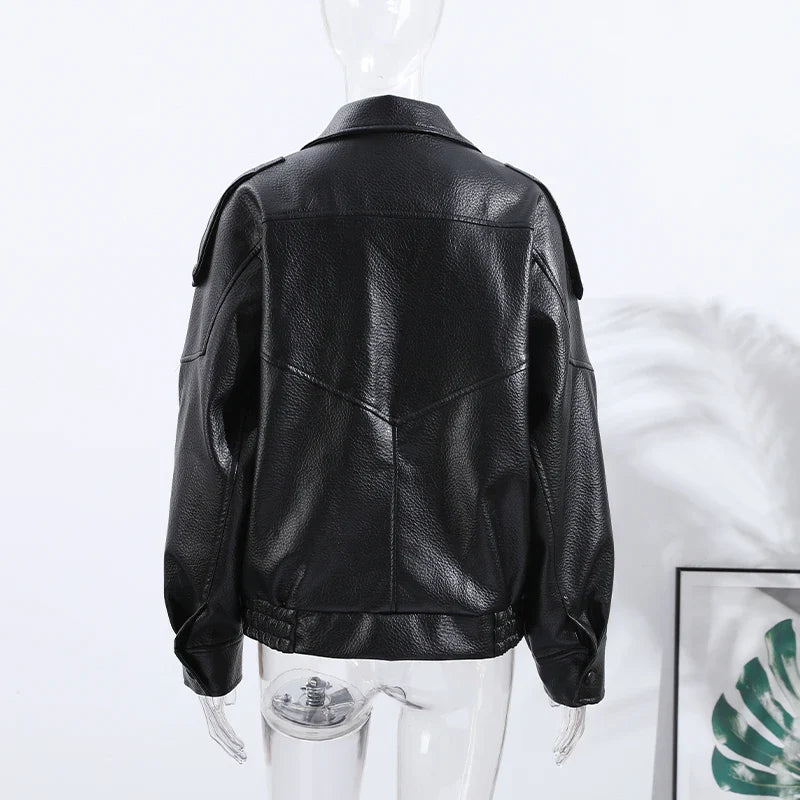 Stand Collar Women's Jacket Full Sleeve Double Button Solid Female Leather Jackets 2025 Autumn Fashion High Street Lady Outwears