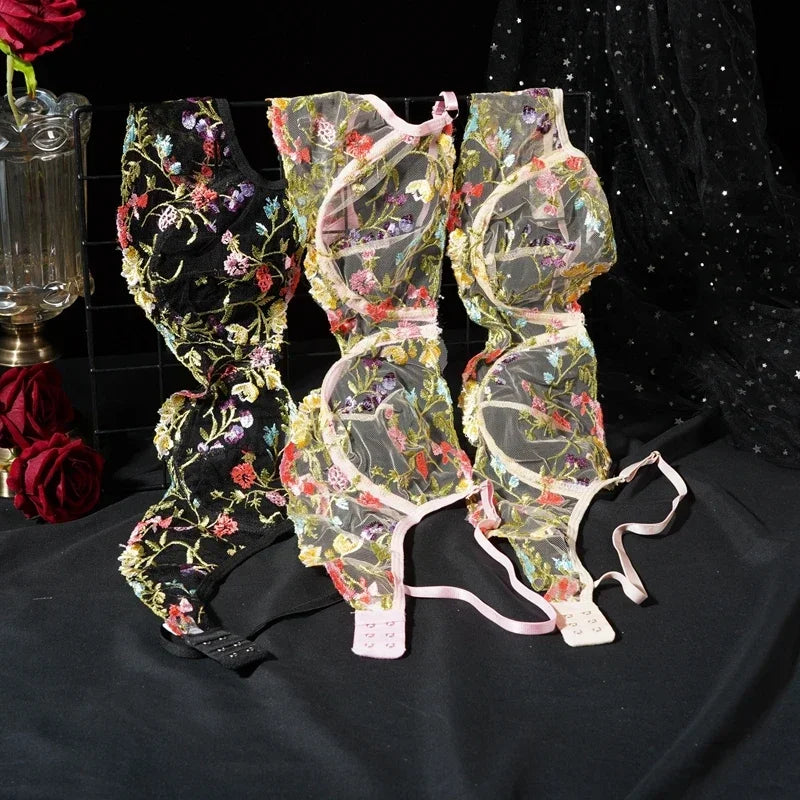 Floral Embroidery Lace Bras Set Women Sheer 2-Piece Sexy Bra + Panties Lingerie Fashion Underwear Set Intimates