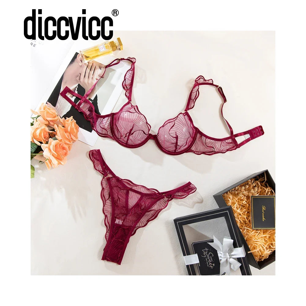 Diccvicc Sexy Bra 2 Pieces Leaf Inspired Lace Pattern Sheer Mesh Low Rise Panty Women Underwear Set See Through Daring Lingerie