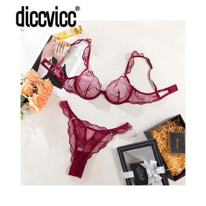 Diccvicc Sexy Bra 2 Pieces Leaf Inspired Lace Pattern Sheer Mesh Low Rise Panty Women Underwear Set See Through Daring Lingerie