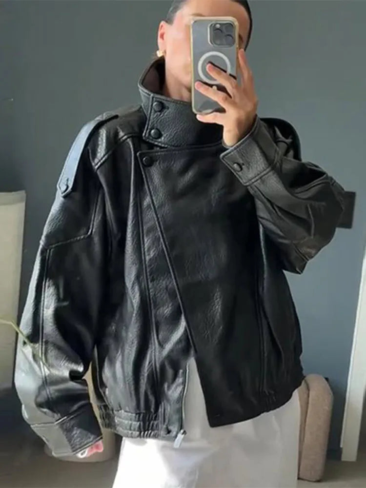 Stand Collar Women's Jacket Full Sleeve Double Button Solid Female Leather Jackets 2025 Autumn Fashion High Street Lady Outwears