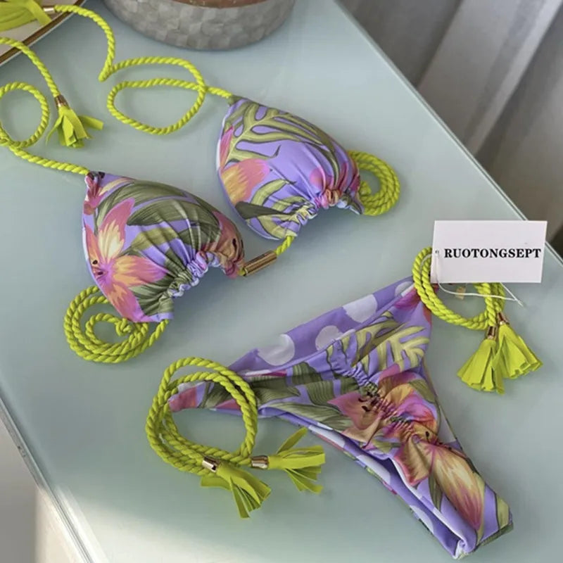 Sexy Swimsuit Women Triangle Bikinis Set Thong Bandage Swimsuits Solid Color bathing suit  Two Piece String Swimear Beach Wear