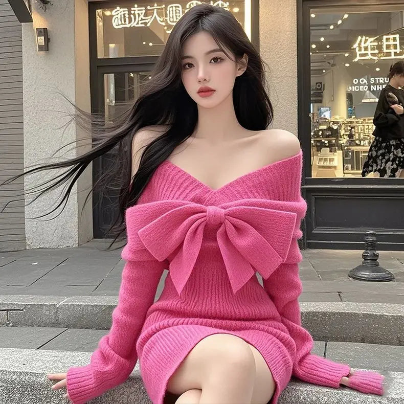 Elegant Party Dresses Rose Red V-neck Bow Long-sleeved Knitted Dress Autumn  Winter Waist-wrapped Short Sexy Dresses for Women