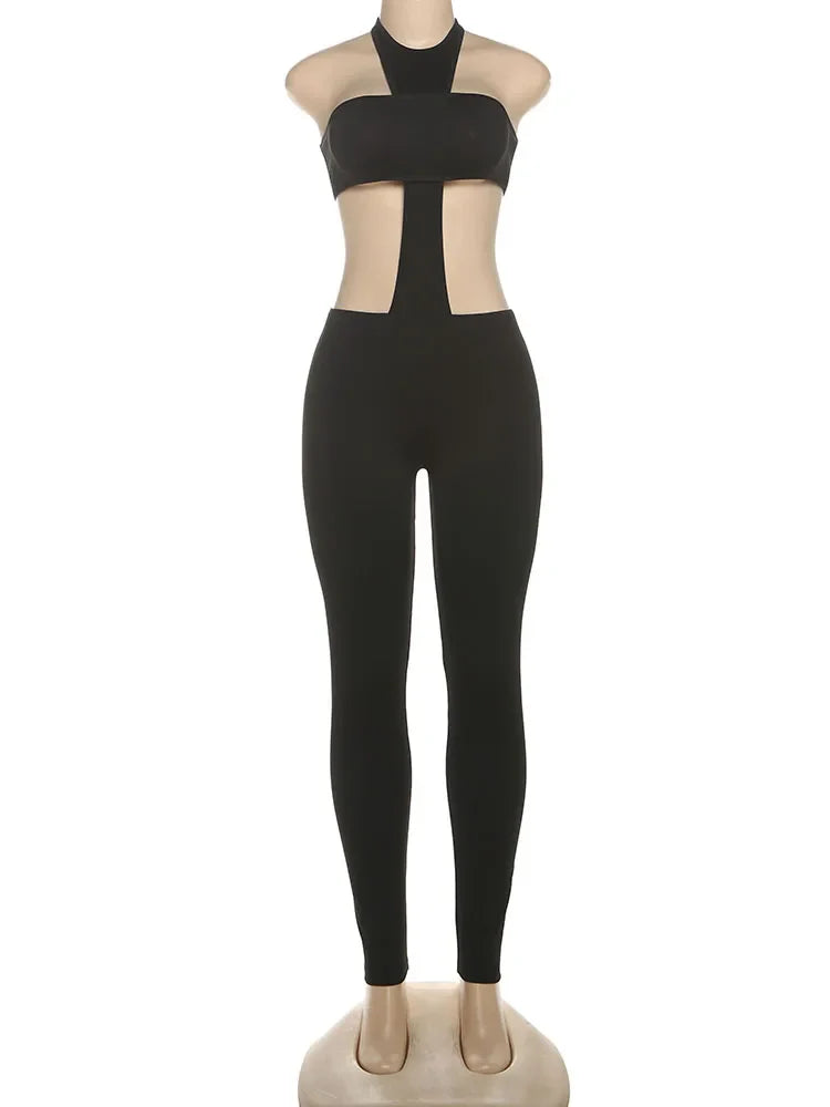 kliou Cross Cut Halter Women Jumpsuits Unique Sexy Coquette Bandage Backless Elastic Overalls Female Midnight Dance One Piece