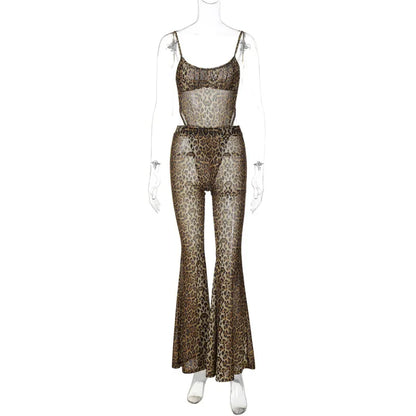 Shestyle Leopard Mesh Sexy Women Two Piece Sets Spaghetti Strap Bodysuit Flare Pants Sheer Brown Sexy Clubwear Waistless Outfit