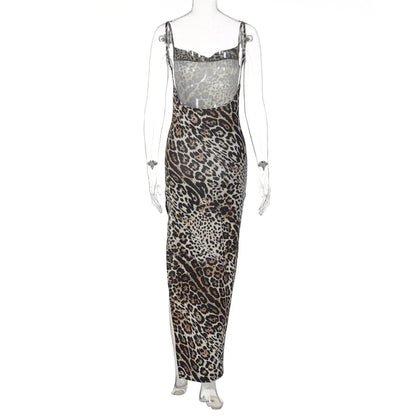 Hugcitar Leopard Print Swing Collar Sleeveless Sexy Maxi Slit Prom Dress Summer Women Fashion Y2K Clothes Party Beach Vacation