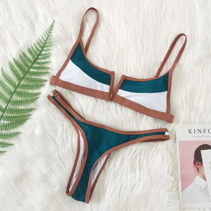 Contrast Vne Open Ba Thong Bikini Women's Patchwork ort Sve Overhead ort Pants Two-Piece Set Polyester Material