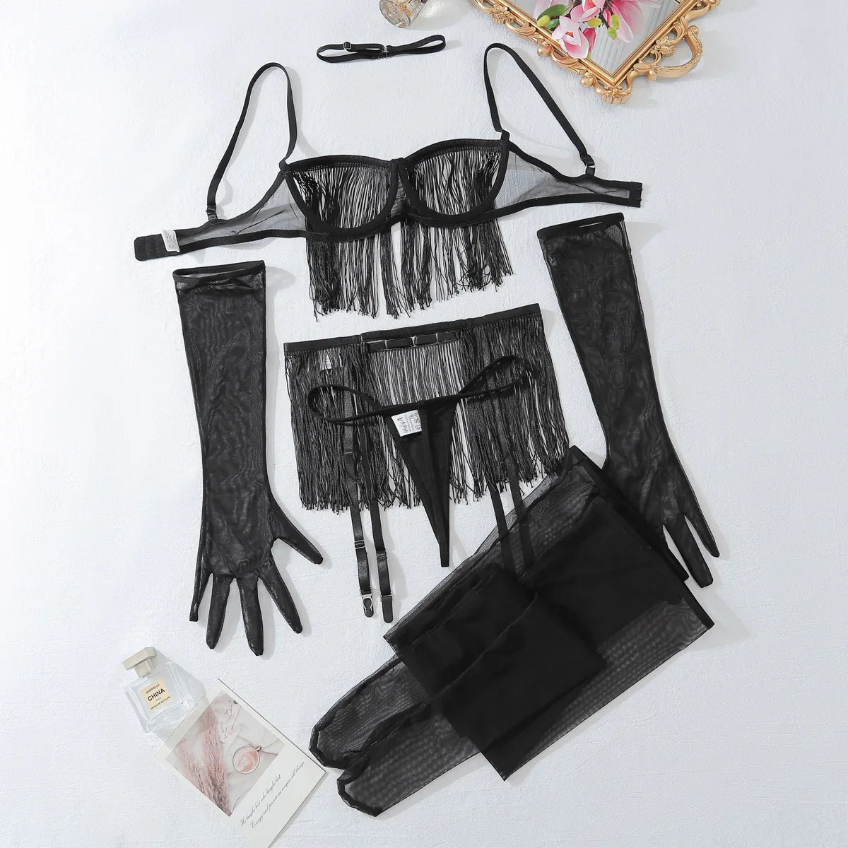 Ellolace Tassel Porn Erotic Lingerie 8-Piece Transparent Ultra Sexy Adult Costume with Garter Outfit Call The Night Sex Suit