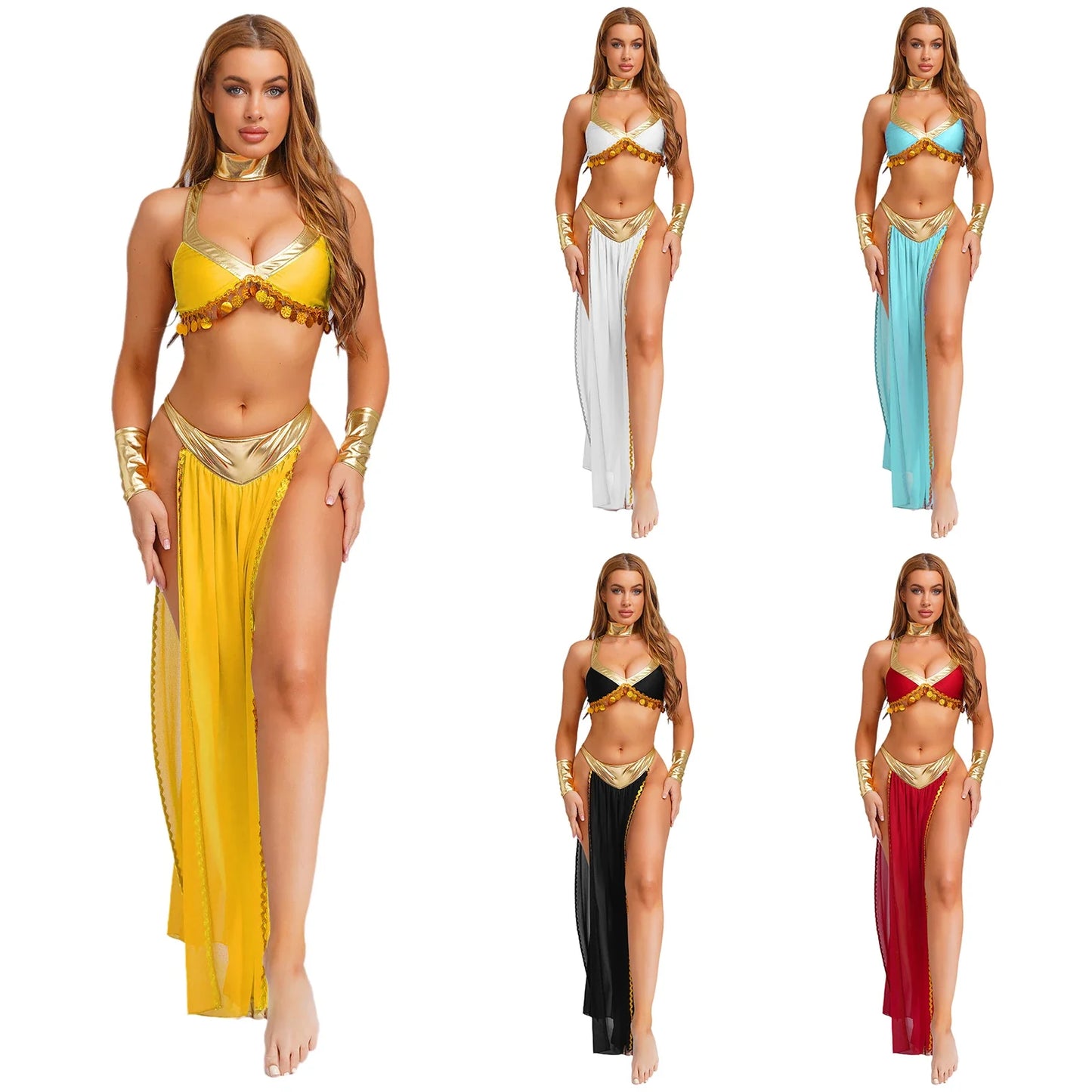 Women Halloween Cleopatra Ancient Egyptian Queen Sun Goddesses Cosplay Costume Crop Top with Skirt Choker Cuffs Belly Dance Set