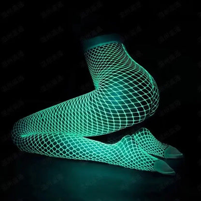 Night Fluorescent Women's Long Socks Fishnet Body Stockings Curve Lingerie Mesh Fabric High Waist Sex Tights Sexy Bodysuits