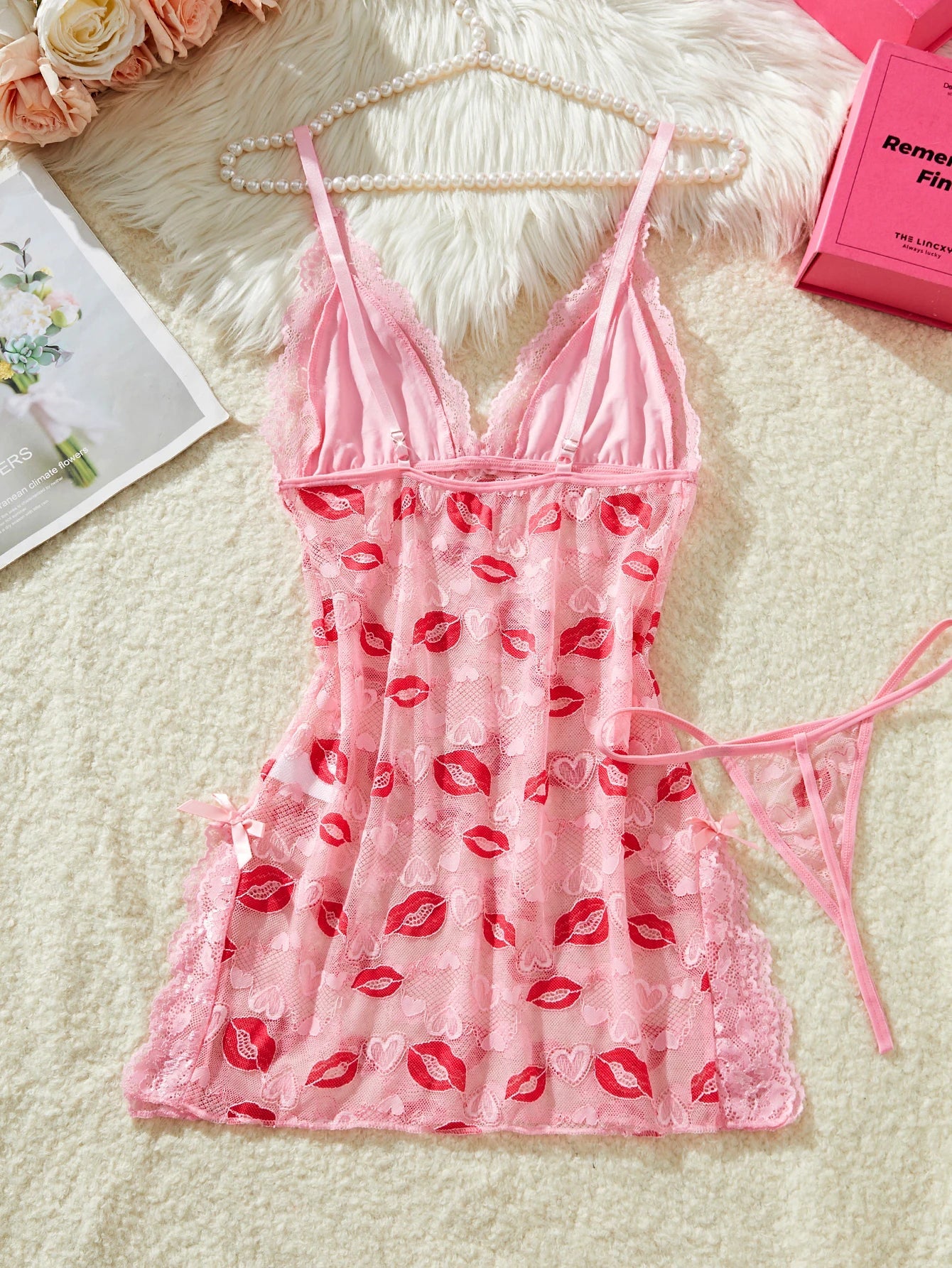 Red-lips Print Seductive Sexy Pink Lace Nightgown Two-piece Sheer Mesh Laces Short Dress Elegant And Sensual Babydolls Lingerie