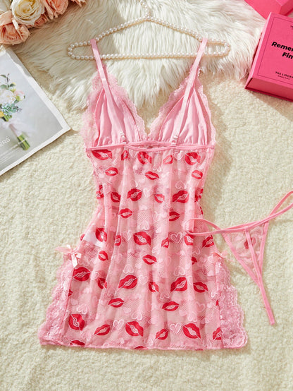 Red-lips Print Seductive Sexy Pink Lace Nightgown Two-piece Sheer Mesh Laces Short Dress Elegant And Sensual Babydolls Lingerie