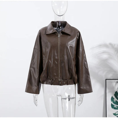 Street Stand Collar Women's Leather Jacket Loose Long Sleeve Zipper Pockets Chic Female Coats 2025 Autumn Winter Lady Outerwear