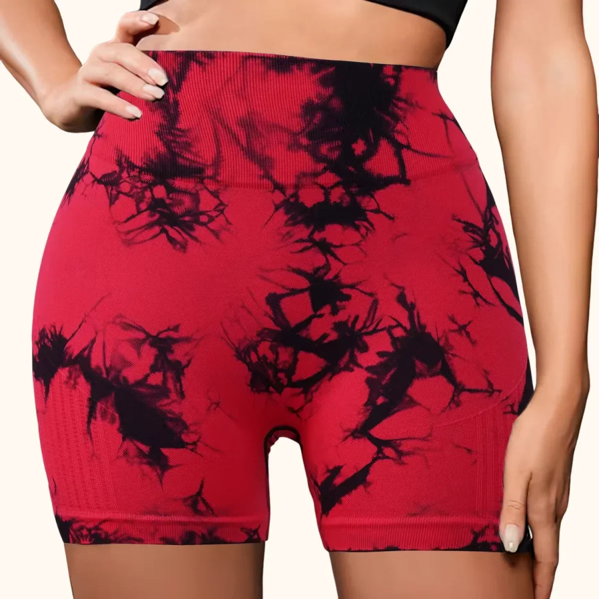 2pcs Women's High-Waist Tie-Dye Yoga Shorts - Seamless, Booty Lifting, Stretchy Nylon & Spandex Blend, Red & Grey