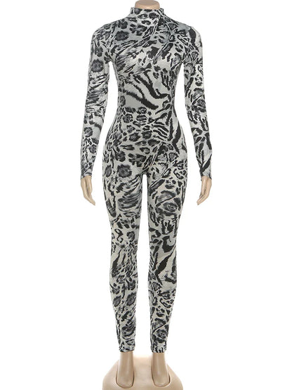Sisterlinda Fitness Jumpsuit Women Sexy Zip Leopard Print Full Sleeve Streetwear Activity Workout Casual Tight Stretch Overalls