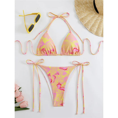 Flag Printed Halter Strappy High Cut Bikini Female Swimsuit Women Swimwear Two-pieces Bikini set Bather Bathing Suit Swim V6144