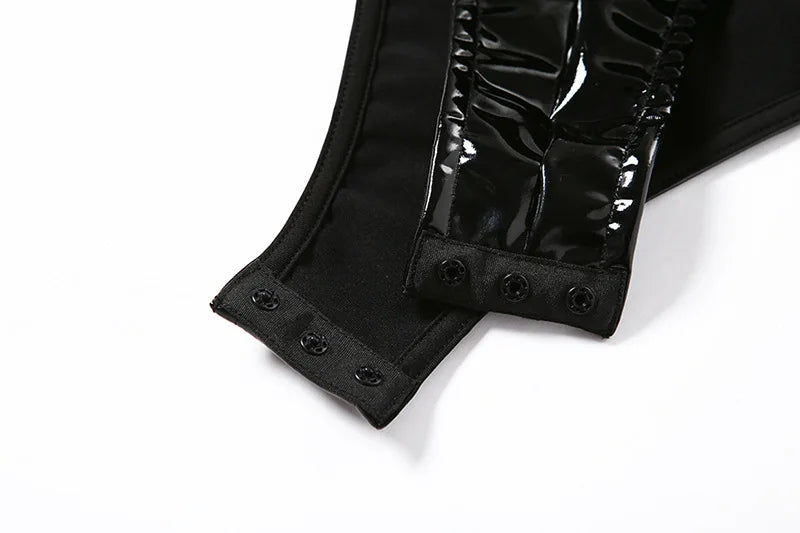 SINGREINY Strapless PU Leather Sexy Bodysuits Ladies Zipper Design Bodycon Top Fashion Streetwear Open Crotch Sensual Playsuits