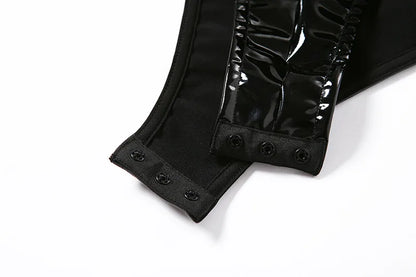 SINGREINY Strapless PU Leather Sexy Bodysuits Ladies Zipper Design Bodycon Top Fashion Streetwear Open Crotch Sensual Playsuits