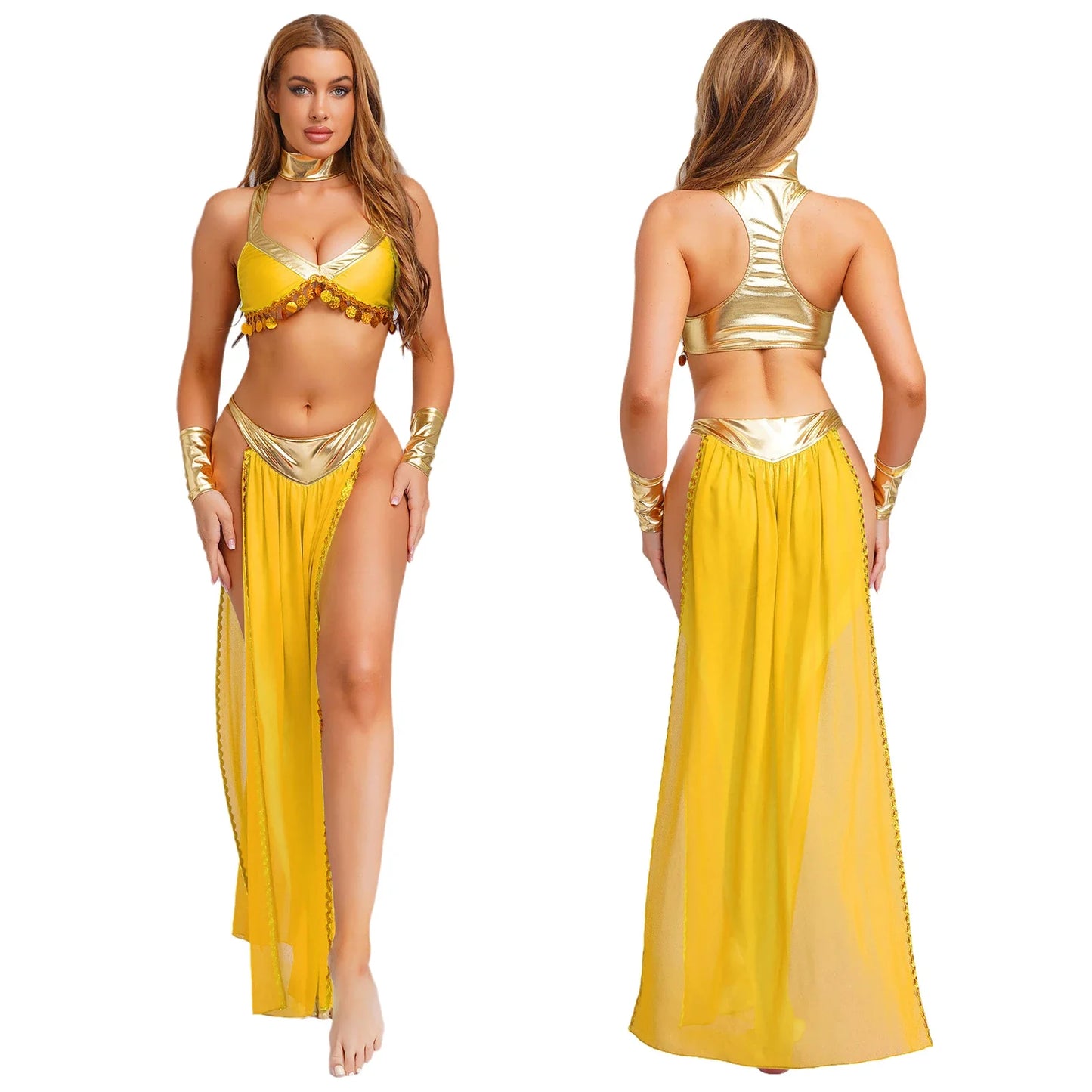 Women Halloween Cleopatra Ancient Egyptian Queen Sun Goddesses Cosplay Costume Crop Top with Skirt Choker Cuffs Belly Dance Set