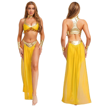 Women Halloween Cleopatra Ancient Egyptian Queen Sun Goddesses Cosplay Costume Crop Top with Skirt Choker Cuffs Belly Dance Set