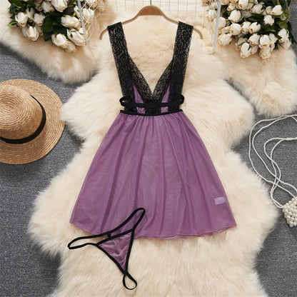 Sexy Lace Gauze Patchwork Strap Bodysuit Hollow Sleeveless Slim backless Women Erotic Lingerie Hotsweet Bow Night Maid Cosplay