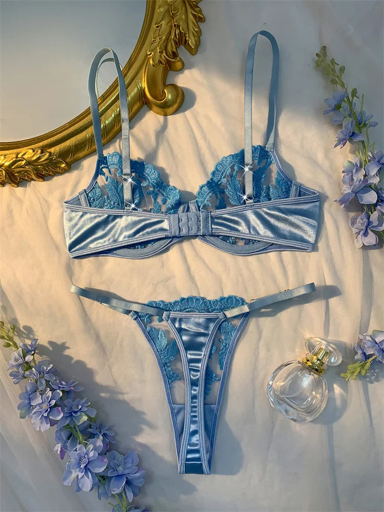 Sexy Adult Lingerie Set Light Blue Ultra Thin Mesh Underwear Delicate Embroidery Bra and Panties Sets Translucent Sexy Lingerie