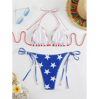 Flag Printed Halter Strappy High Cut Bikini Female Swimsuit Women Swimwear Two-pieces Bikini set Bather Bathing Suit Swim V6144
