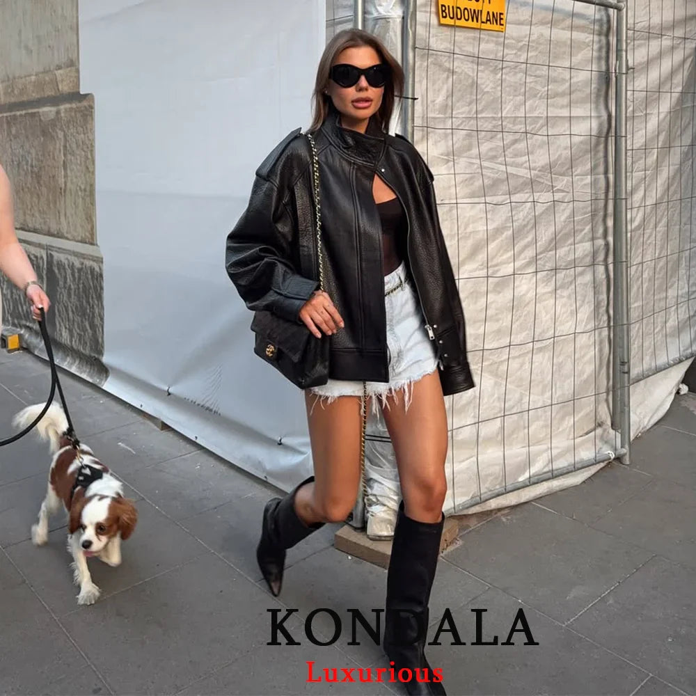 KONDALA Casual Chic Black Leather Jackets Women Long Sleeve Buttons Elastic Oversized Coats Fashion 2025 Fall Streetwear Coats