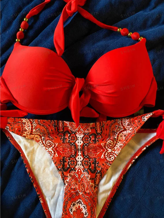 2024 New Print 2-piece Swimsuit for Women,hard Cup Suspender Push Up Bikini Set,summer Beach Vacation Backless Bathing Suit