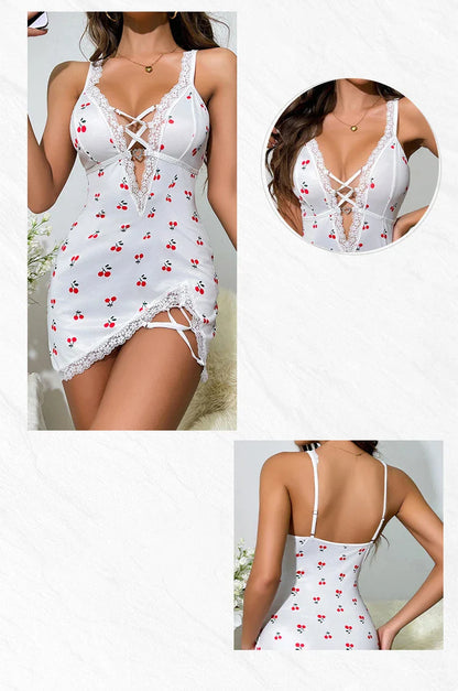 Sexy Cherry Print Nightgown Women's Lace Trim Lingerie Criss Cross Cami Mini Dress Cute Bodycon Chemise Trendy Nightwear New