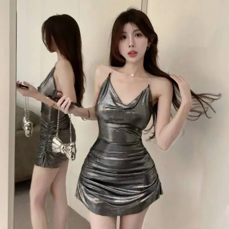 Sliver Mini Dress Sexy Spicy Girl Pile Collar Hanging Neck Bright Open Back Dress Elegant Girl Fashion Sweet