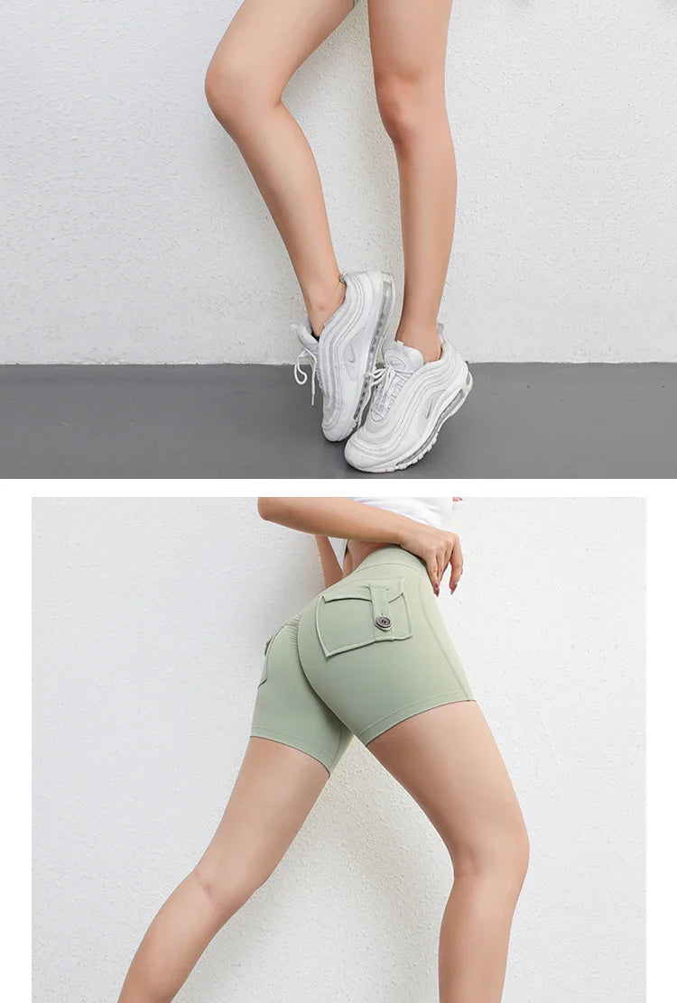 Peach Butt Fitness Shorts Women's Exercise Three-Quarter Pants Cargo Air Dry Pocket Yoga Tight Lift Summer