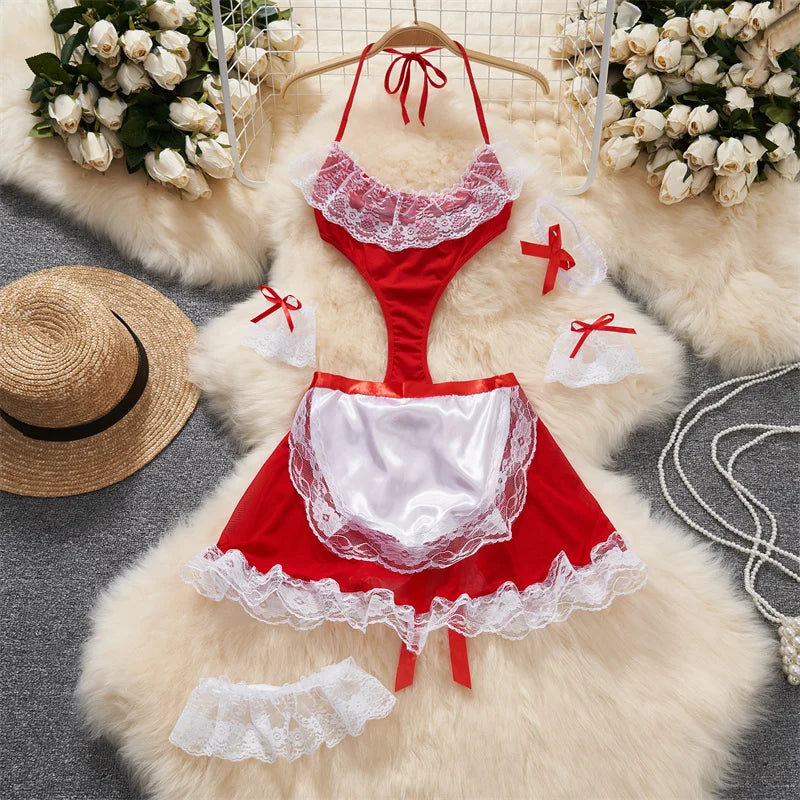 Sexy Lace Gauze Patchwork Strap Bodysuit Hollow Sleeveless Slim backless Women Erotic Lingerie Hotsweet Bow Night Maid Cosplay