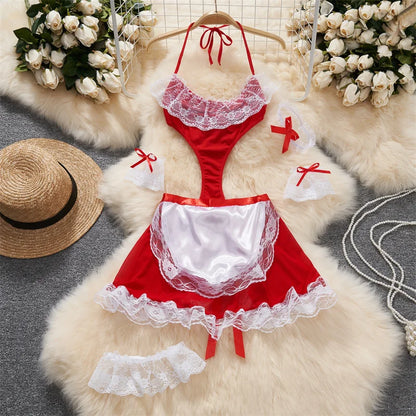 Sexy Lace Gauze Patchwork Strap Bodysuit Hollow Sleeveless Slim backless Women Erotic Lingerie Hotsweet Bow Night Maid Cosplay