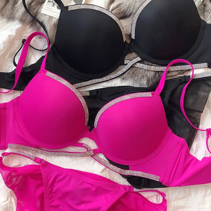 2 Pieces Sexy Underwear Set for Women Classic Cross Hollow Bra Sparkle Rhinestones Lingerie Deep V Push Up Brassiere Set