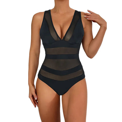 Sexy V-Neck One-Piece Swimsuit Quick-Dry with Chest Pad No Steel Support Triangle Monokini Swimwear for Women Adult Pure Color