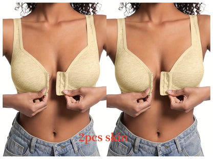 Women's Bra Wire-Free Front Closure Solid Color Full Coverage Fixed Cups More Considerate for Middle-Aged And Elderly Individual