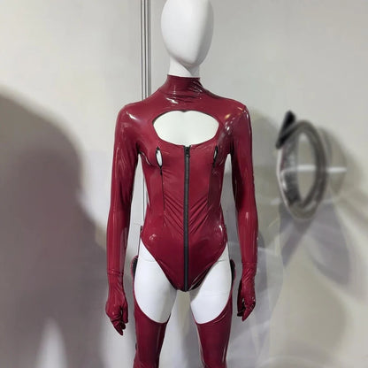 3PCS/SET Wet Look PVC Cosplay Outfit Catusit Shiny PU Leather Zipper Bust Open Crotch Bodysuit Tight Sexy Body Teddies Stockings
