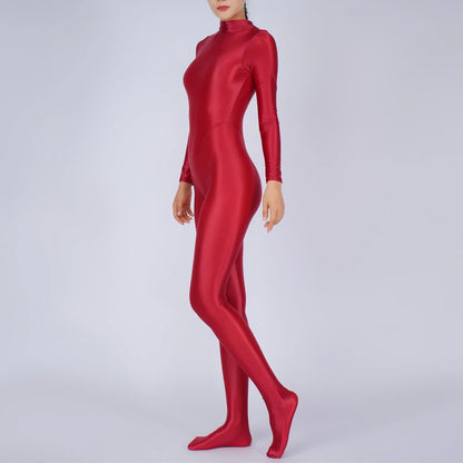 Womens Glossy Full Body Jumpsuit See Through Sheer Catsuits Bodystockings Long Sleeve Footed One Piece Gym Yoga Tights Bodysuit
