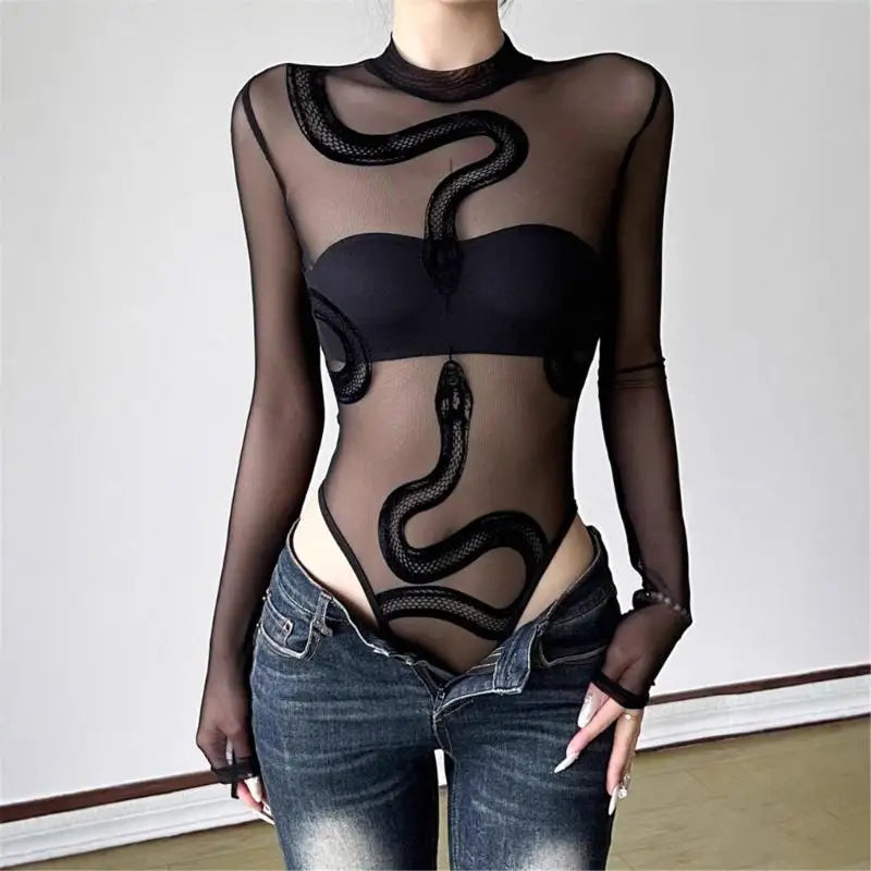 Womens Mesh Long Sleeve Bodysuit Round Neck Sheer Leotards Clothing Snake Bodysuit Top with Snap Crotch Clubwear Gifts