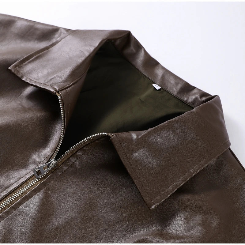 Street Stand Collar Women's Leather Jacket Loose Long Sleeve Zipper Pockets Chic Female Coats 2025 Autumn Winter Lady Outerwear