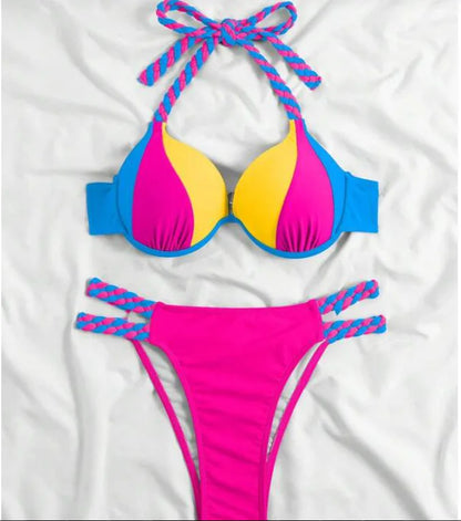 2026 New Bikini Swimsuit Women's Split Solid Color Sexy Belt Steel Tray Bikini Swimsuit