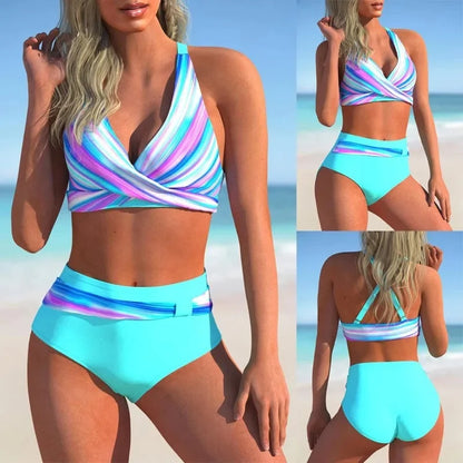 High Waist Triangle Swimsuit Bikini Set Fashionable Printed Cross Chest Bag Women's Swimwear Trendy Beachwear Ensemble