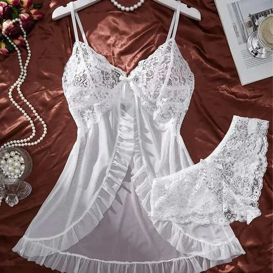 Sexy Female Transparent Red Lingerie Women Underwear Sleepwear Lace Babydoll Dress Panties Pijamas Set Adult Female Nighty