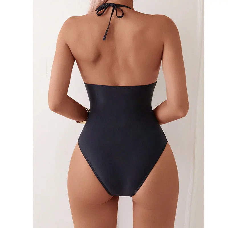 Vigoashely 2025 Lady Solid Halter Swimwear Women Sexy Mesh Patchwork One Piece Swimsuit Monokini Brazilian Beach Bathing Suit