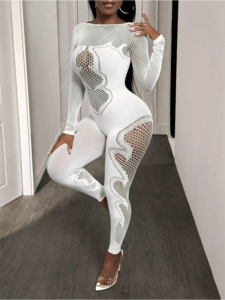 FHSEER Women's Sexy Jumpsuit Sheer Mesh Long Sleeve Hollow Out Bodycon High-Waist Stretchy Club Party Date Night Out Outfit